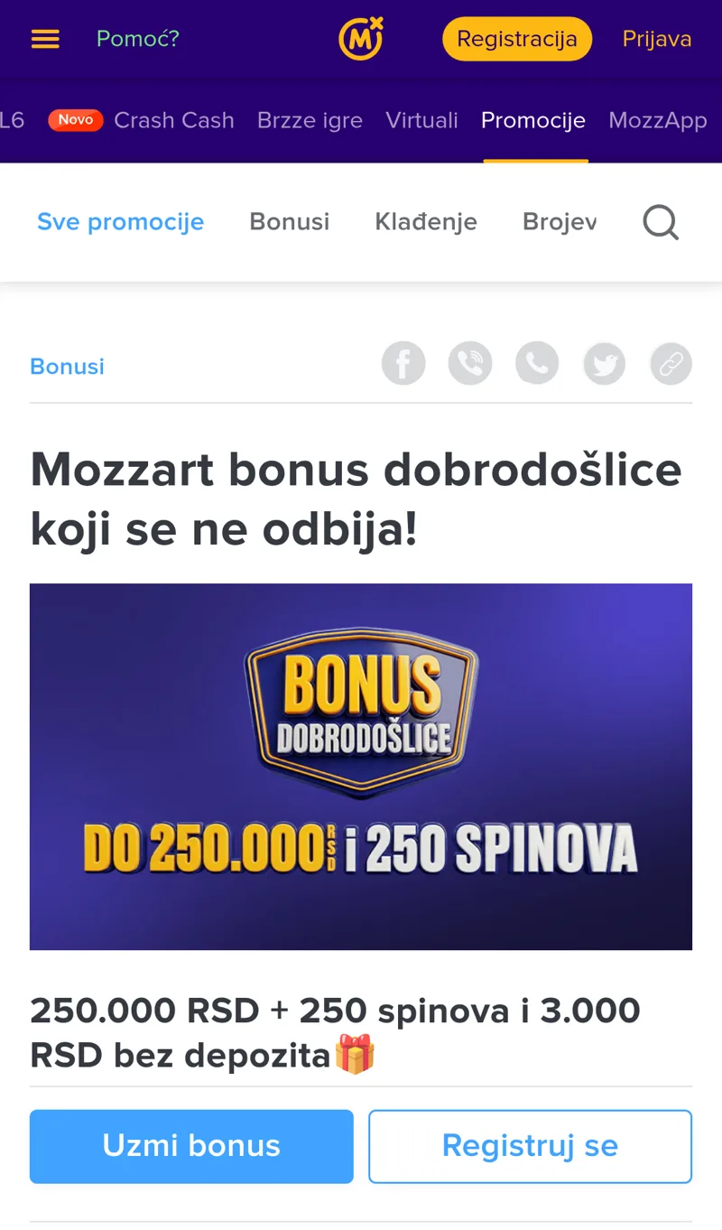 Mozzart – bonus dobrodoslice, 26. oktobar 2026